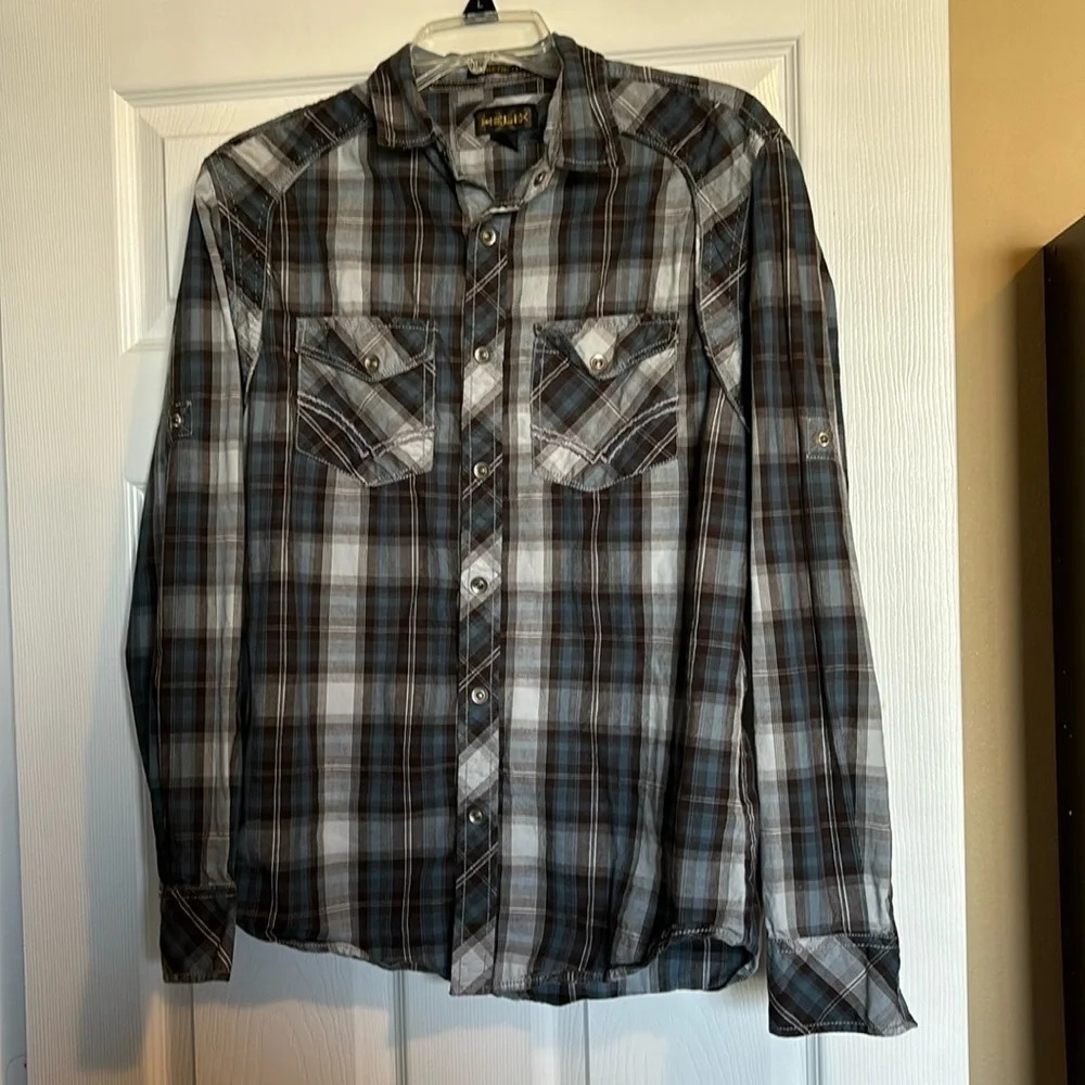 Helix men’s blue plaid long sleeve snap front shirt size small